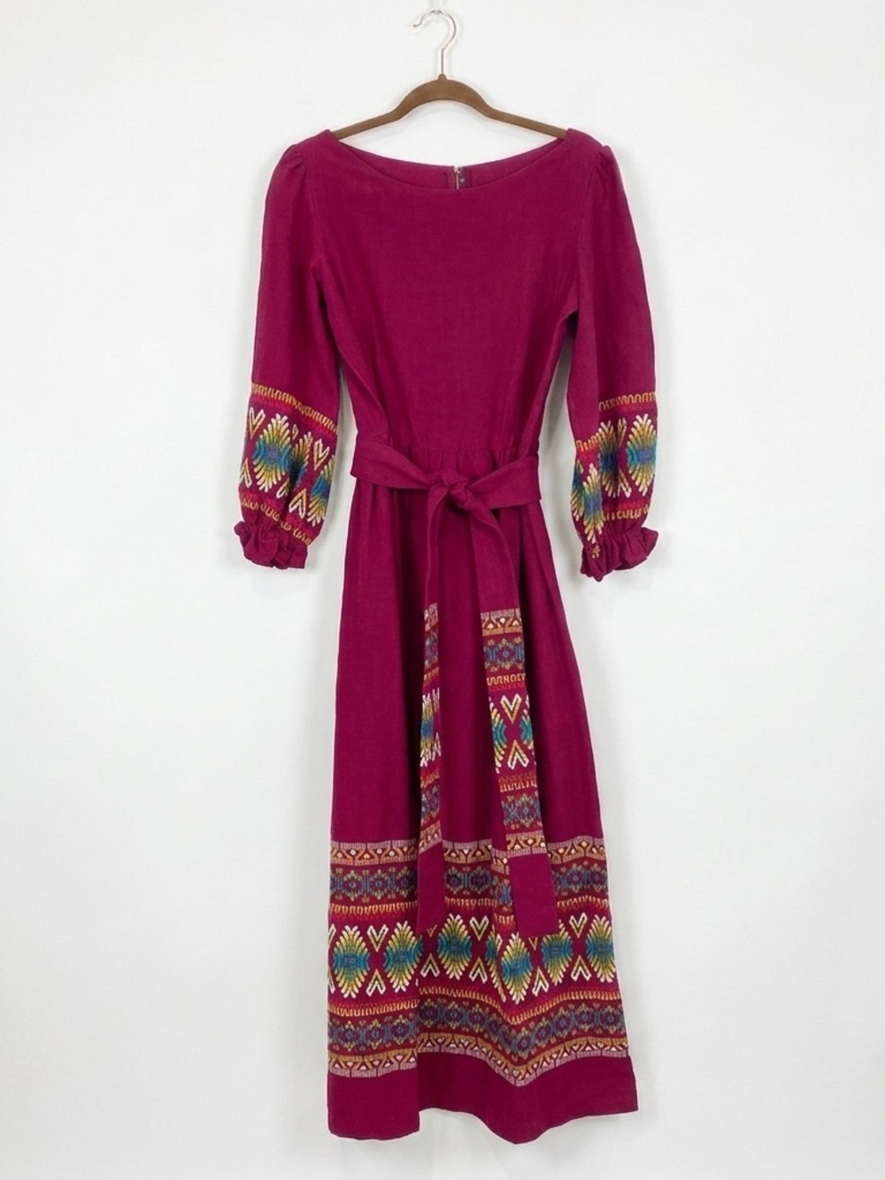 Vintage‎ 70s Guatemalan Woven Cotton Maxi Dress Peasant Boho Burgundy Medium
